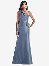 Alt View 1 Thumbnail - Larkspur Blue Bow One-Shoulder Satin Trumpet Gown