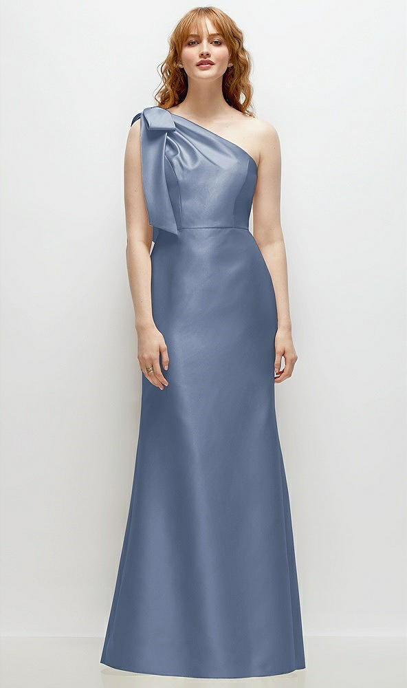 Front View - Larkspur Blue Bow One-Shoulder Satin Trumpet Gown