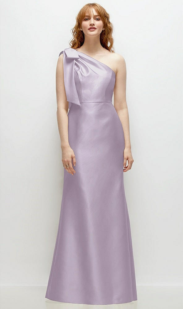 Front View - Lilac Haze Bow One-Shoulder Satin Trumpet Gown