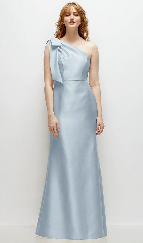 Front View - Mist Bow One-Shoulder Satin Trumpet Gown