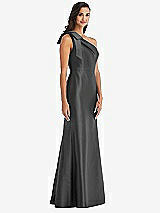 Alt View 3 Thumbnail - Pewter Bow One-Shoulder Satin Trumpet Gown