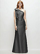 Front View Thumbnail - Pewter Bow One-Shoulder Satin Trumpet Gown