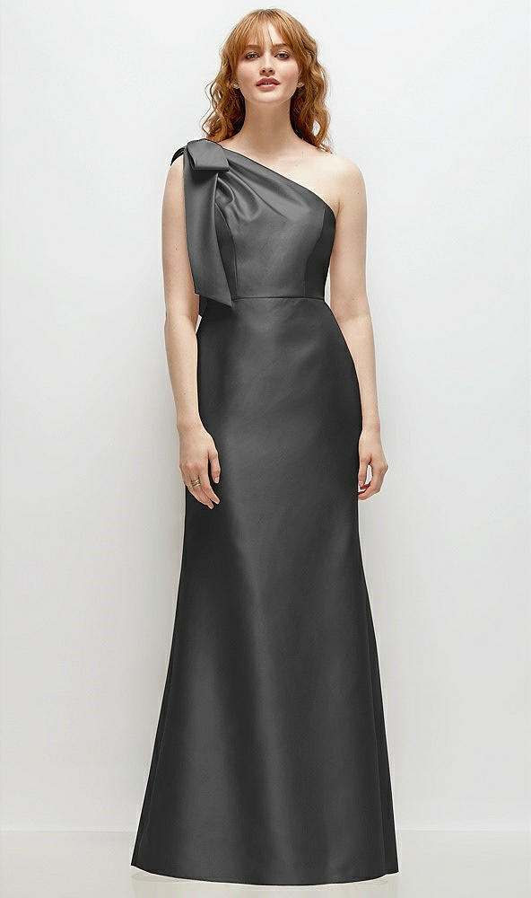 Front View - Pewter Bow One-Shoulder Satin Trumpet Gown