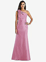 Alt View 1 Thumbnail - Powder Pink Bow One-Shoulder Satin Trumpet Gown