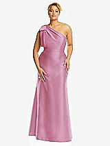 Alt View 4 Thumbnail - Powder Pink Bow One-Shoulder Satin Trumpet Gown