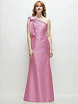 Front View Thumbnail - Powder Pink Bow One-Shoulder Satin Trumpet Gown