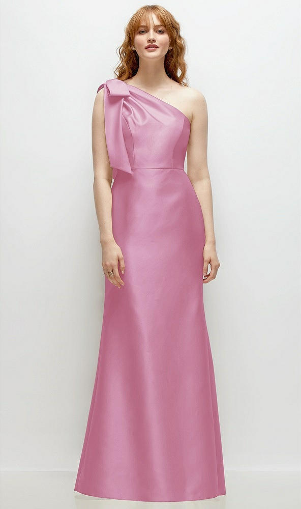 Front View - Powder Pink Bow One-Shoulder Satin Trumpet Gown