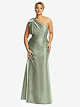 Alt View 4 Thumbnail - Sage Bow One-Shoulder Satin Trumpet Gown