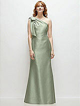 Front View Thumbnail - Sage Bow One-Shoulder Satin Trumpet Gown