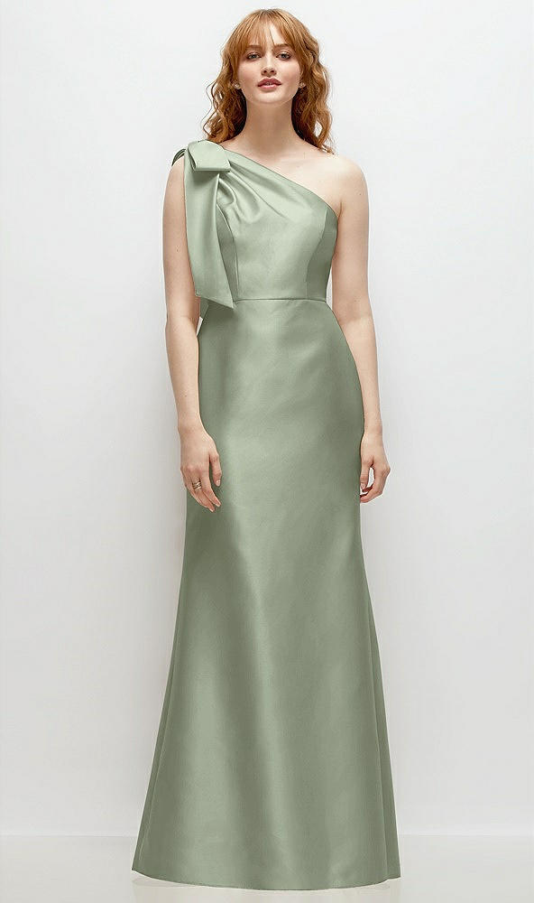 Front View - Sage Bow One-Shoulder Satin Trumpet Gown