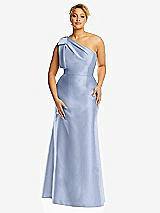 Alt View 4 Thumbnail - Sky Blue Bow One-Shoulder Satin Trumpet Gown