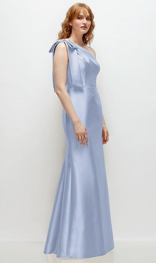 Back View - Sky Blue Bow One-Shoulder Satin Trumpet Gown