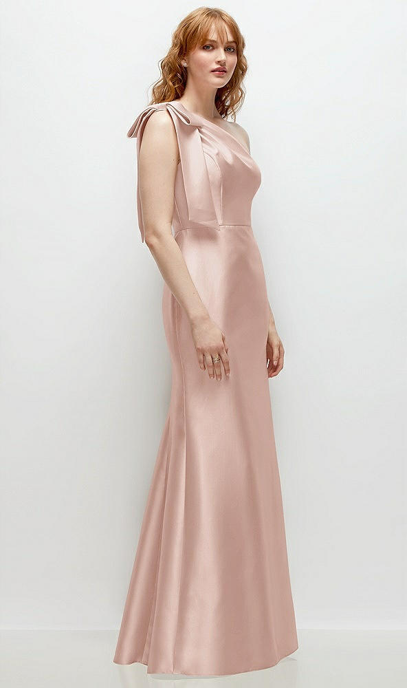 Back View - Toasted Sugar Bow One-Shoulder Satin Trumpet Gown