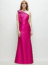 Front View Thumbnail - Think Pink Bow One-Shoulder Satin Trumpet Gown