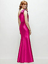 Side View Thumbnail - Think Pink Bow One-Shoulder Satin Trumpet Gown