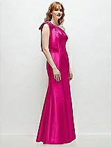 Rear View Thumbnail - Think Pink Bow One-Shoulder Satin Trumpet Gown