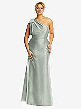 Alt View 4 Thumbnail - Willow Green Bow One-Shoulder Satin Trumpet Gown