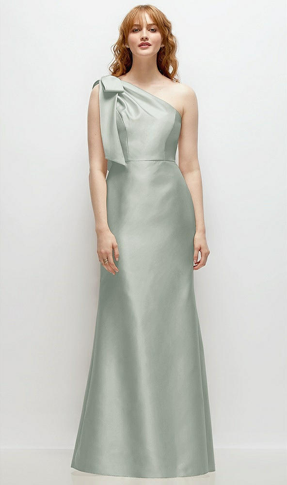 Front View - Willow Green Bow One-Shoulder Satin Trumpet Gown