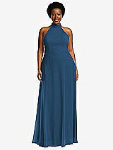 Front View Thumbnail - Dusk Blue High Neck Halter Backless Maxi Dress