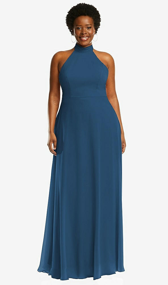 Front View - Dusk Blue High Neck Halter Backless Maxi Dress