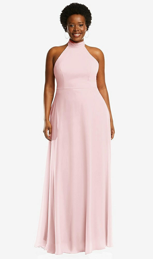 Front View - Ballet Pink High Neck Halter Backless Maxi Dress