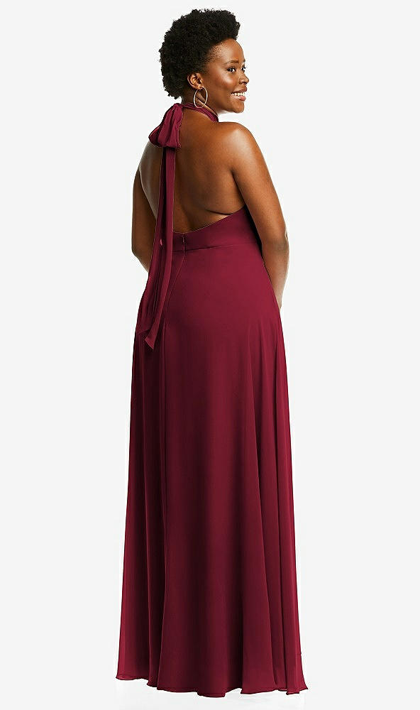 Back View - Burgundy High Neck Halter Backless Maxi Dress