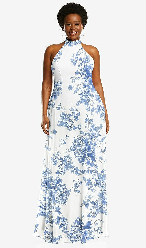 Front View - Cottage Rose Dusk Blue High Neck Halter Backless Maxi Dress