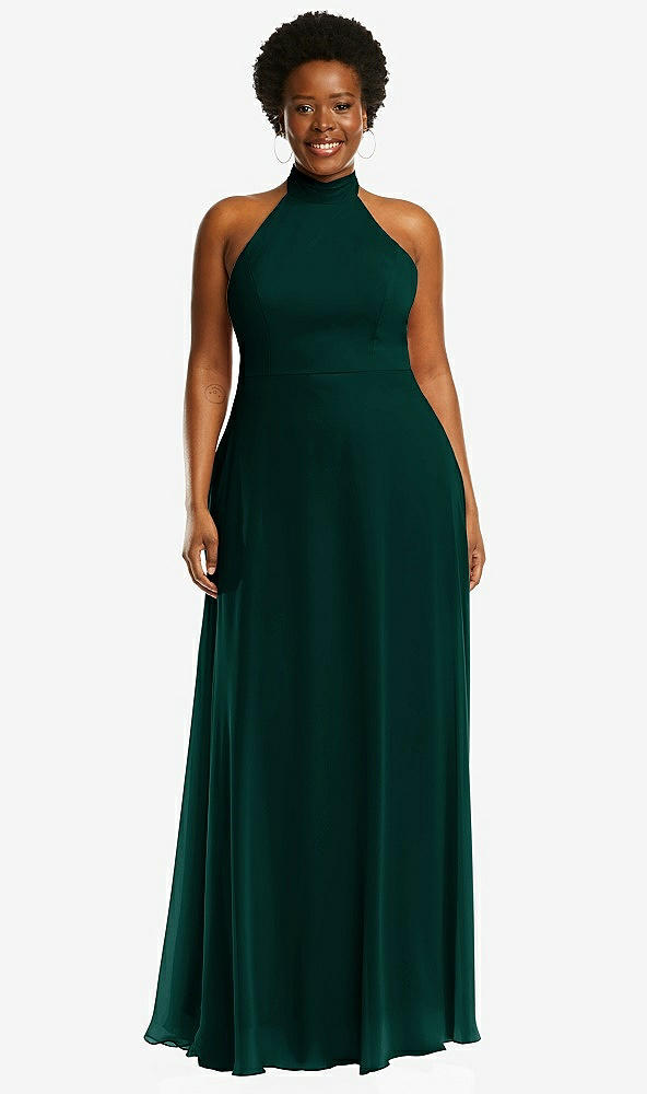 Front View - Evergreen High Neck Halter Backless Maxi Dress