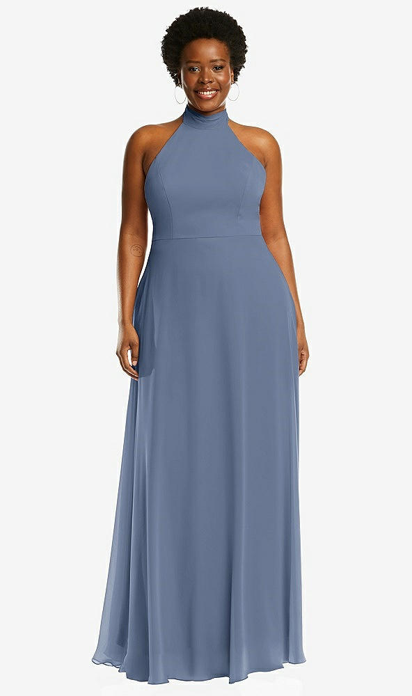 Front View - Larkspur Blue High Neck Halter Backless Maxi Dress