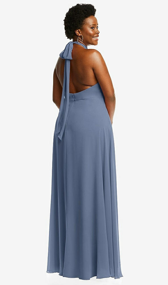 Back View - Larkspur Blue High Neck Halter Backless Maxi Dress