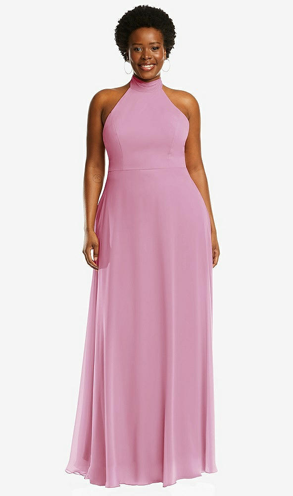 Front View - Powder Pink High Neck Halter Backless Maxi Dress