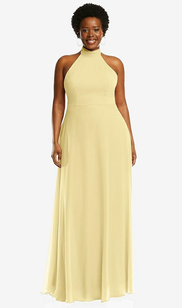 Front View - Pale Yellow High Neck Halter Backless Maxi Dress