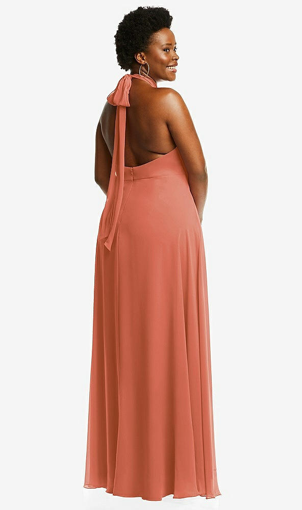 Back View - Terracotta Copper High Neck Halter Backless Maxi Dress