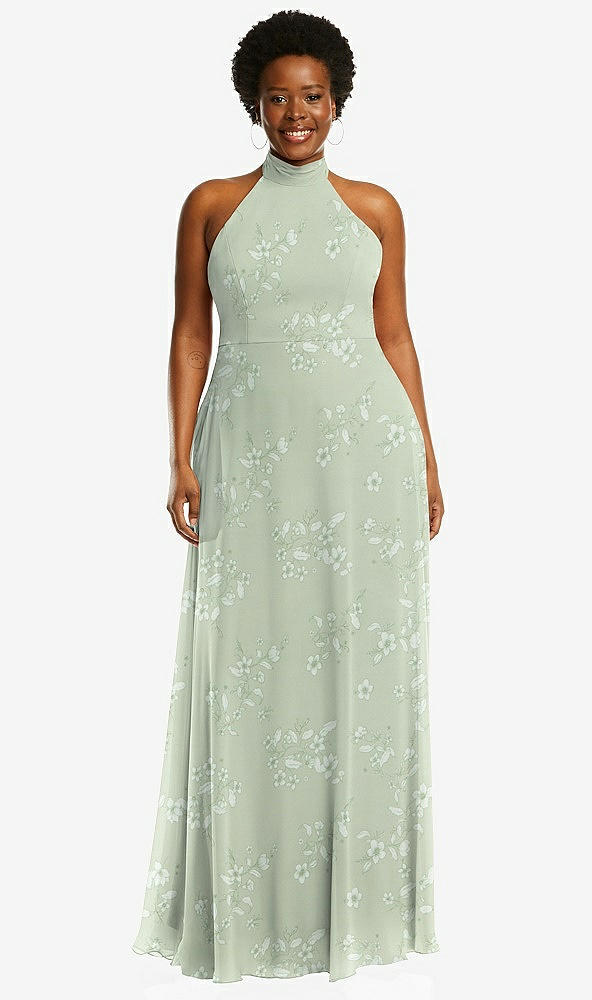 Front View - Vintage Primrose Sage High Neck Halter Backless Maxi Dress