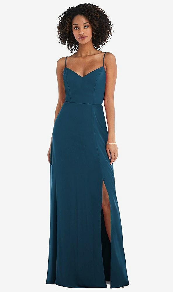 Front View - Atlantic Blue Tie-Back Cutout Maxi Dress with Front Slit