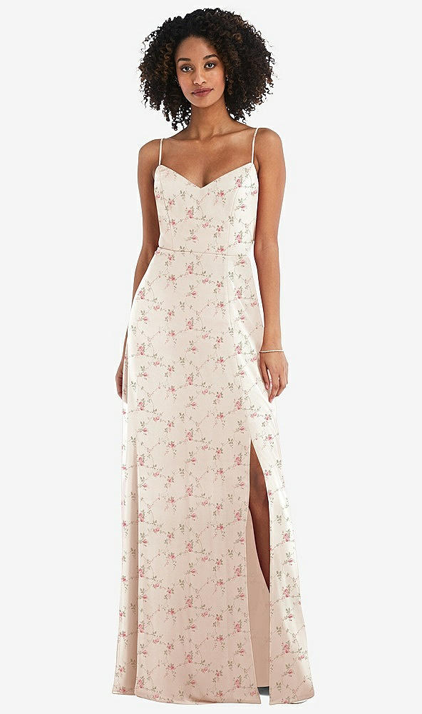 Front View - Coquette Floral Print Tie-Back Cutout Maxi Dress with Front Slit