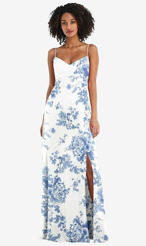 Front View - Cottage Rose Dusk Blue Tie-Back Cutout Maxi Dress with Front Slit