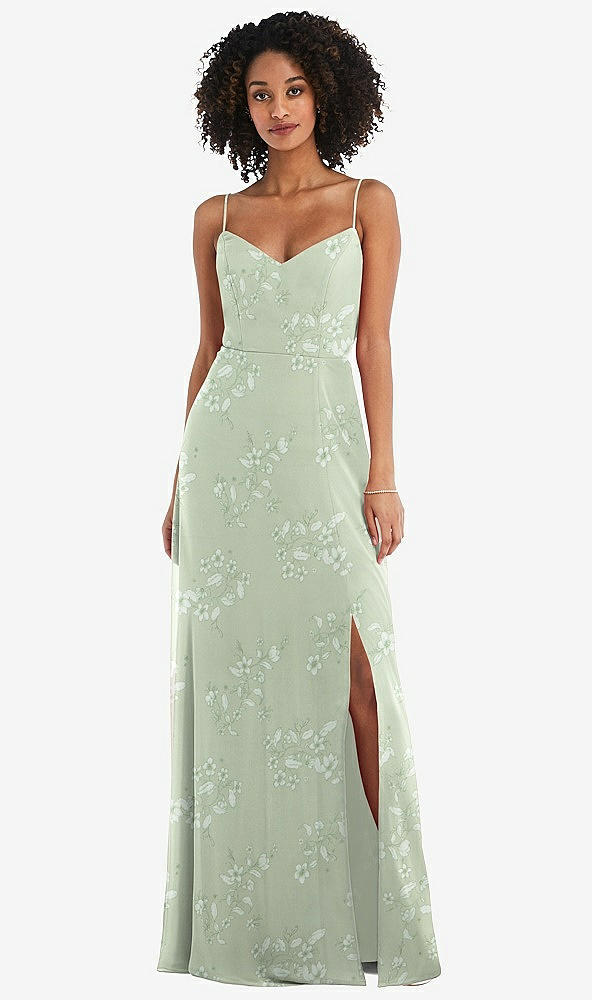 Front View - Vintage Primrose Sage Tie-Back Cutout Maxi Dress with Front Slit