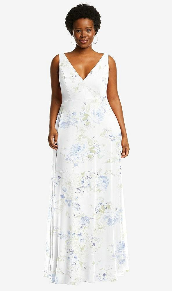 Front View - Bleu Garden Deep V-Neck Chiffon Maxi Dress