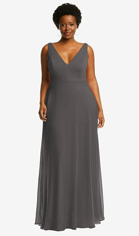 Front View - Caviar Gray Deep V-Neck Chiffon Maxi Dress