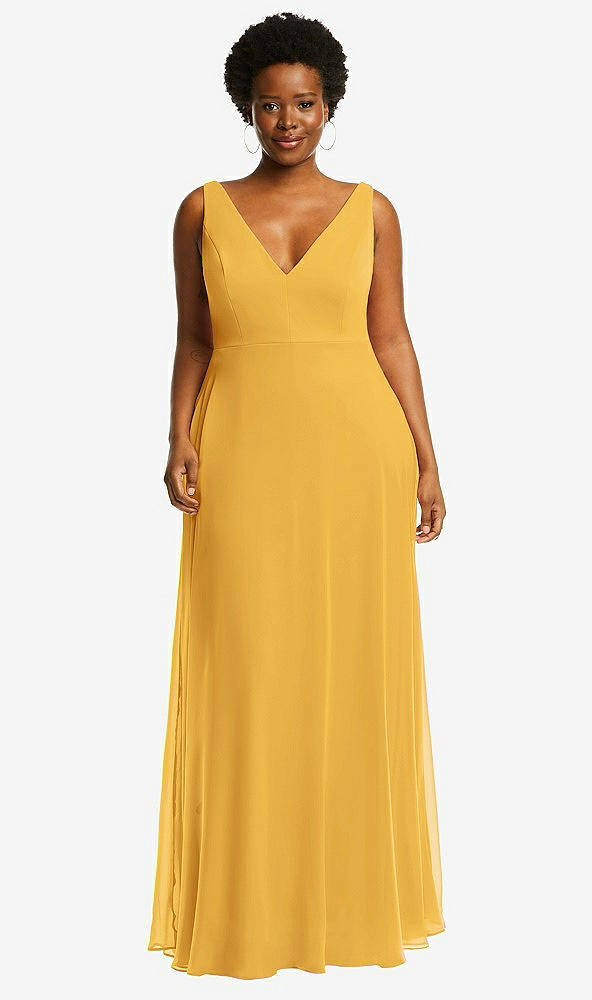 Front View - NYC Yellow Deep V-Neck Chiffon Maxi Dress