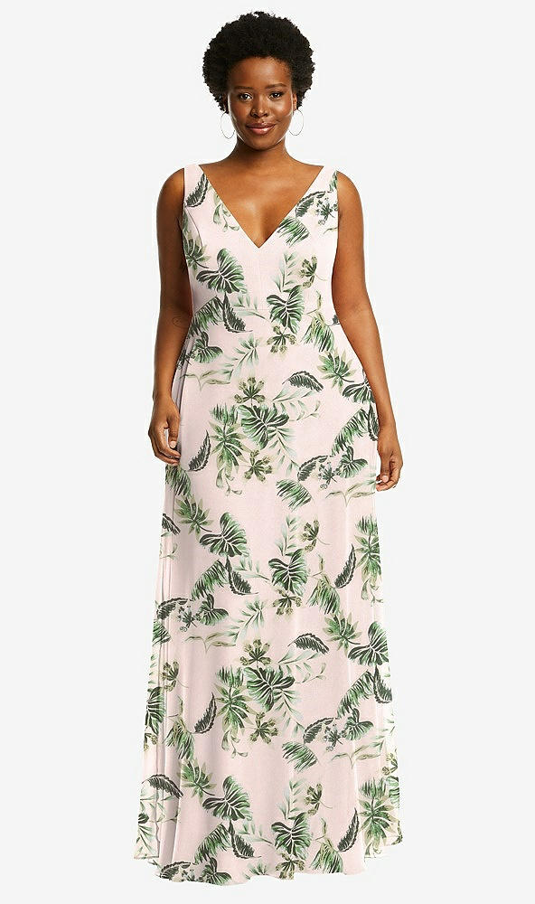 Front View - Palm Beach Print Deep V-Neck Chiffon Maxi Dress