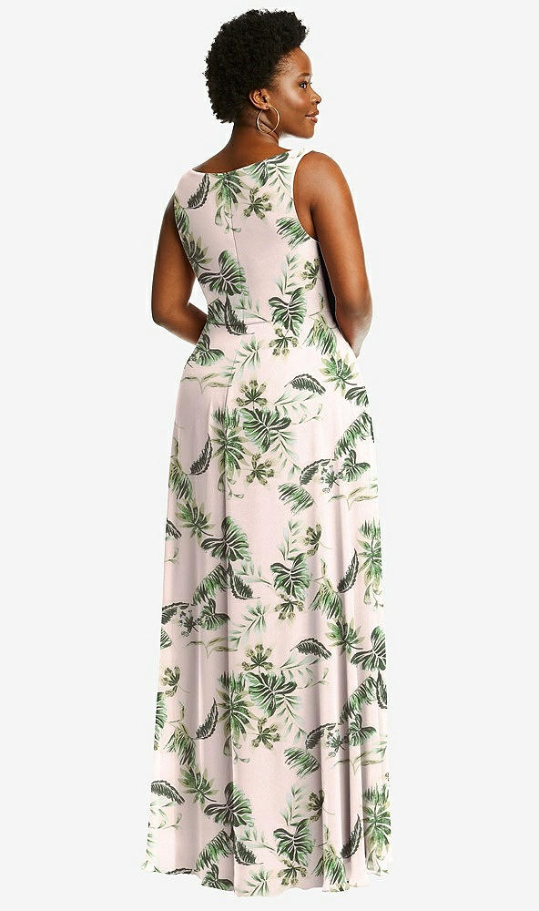 Back View - Palm Beach Print Deep V-Neck Chiffon Maxi Dress