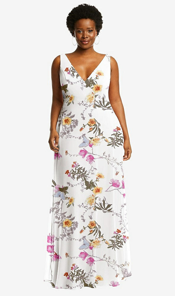 Front View - Butterfly Botanica Ivory Deep V-Neck Chiffon Maxi Dress