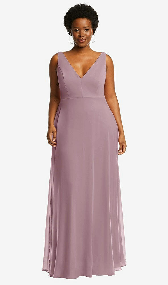 Front View - Dusty Rose Deep V-Neck Chiffon Maxi Dress