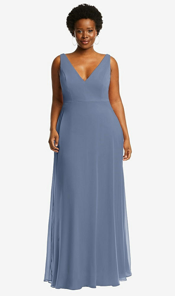 Front View - Larkspur Blue Deep V-Neck Chiffon Maxi Dress