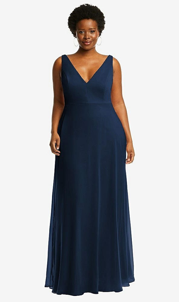 Front View - Midnight Navy Deep V-Neck Chiffon Maxi Dress