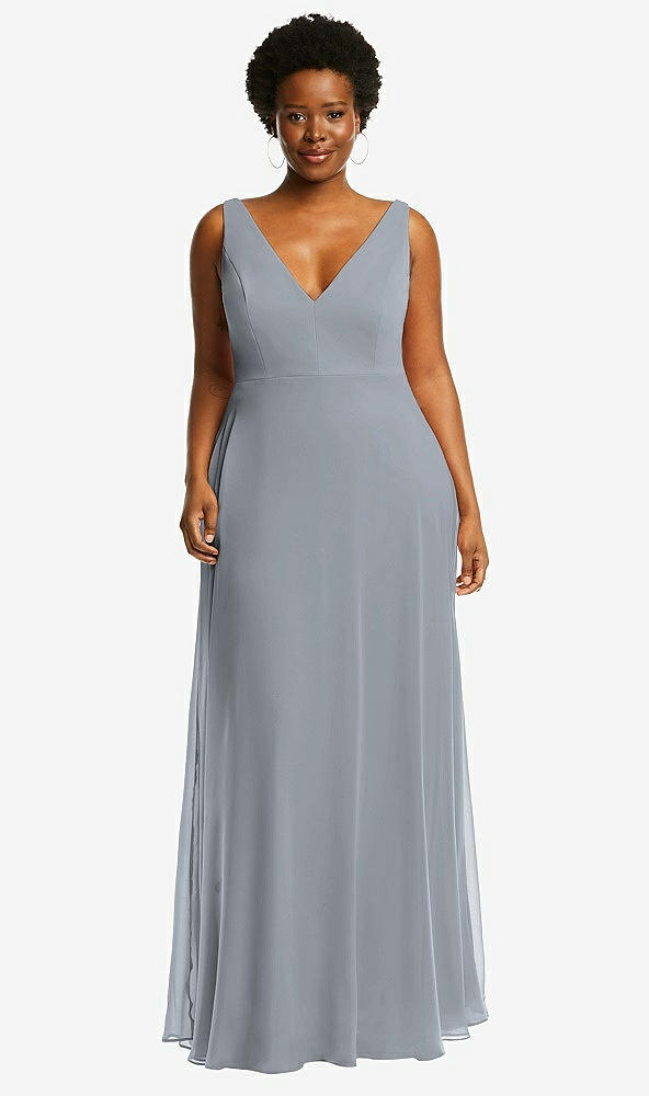 Front View - Platinum Deep V-Neck Chiffon Maxi Dress