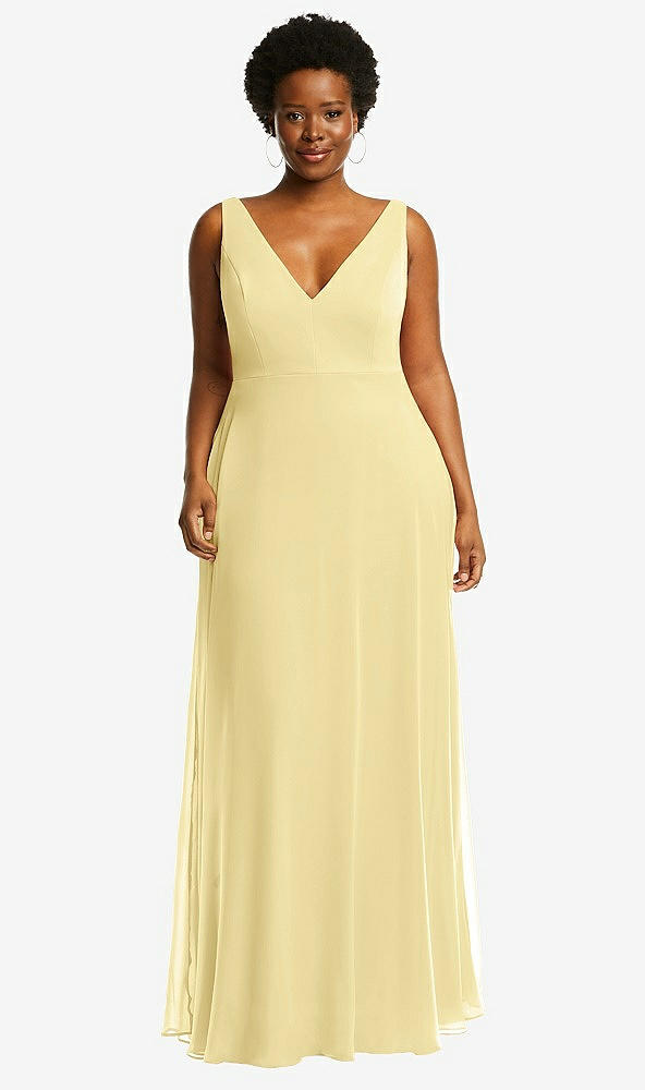 Front View - Pale Yellow Deep V-Neck Chiffon Maxi Dress