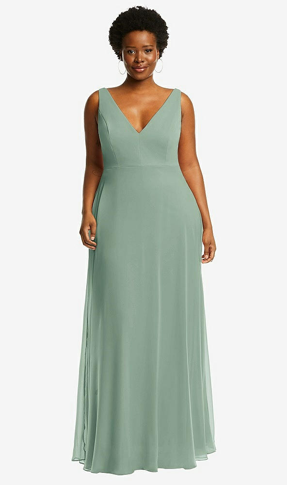 Front View - Seagrass Deep V-Neck Chiffon Maxi Dress